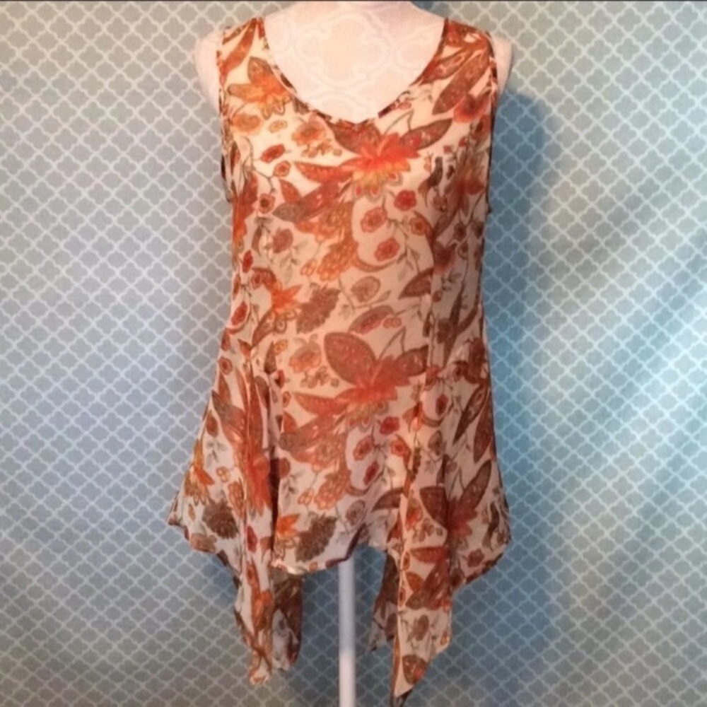 Karen Kane Orange Floral Bird Handkerchief Hem M